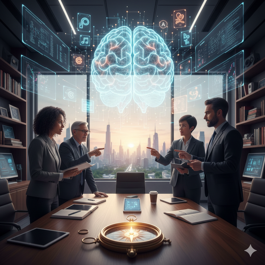 Un team di professionisti di diverse età e etnie discute in una sala riunioni moderna, con un'interfaccia olografica di un cervello luminoso e flussi di dati che sovrastano lo skyline di una città al tramonto, simboleggiando la comprensione dell'IA.