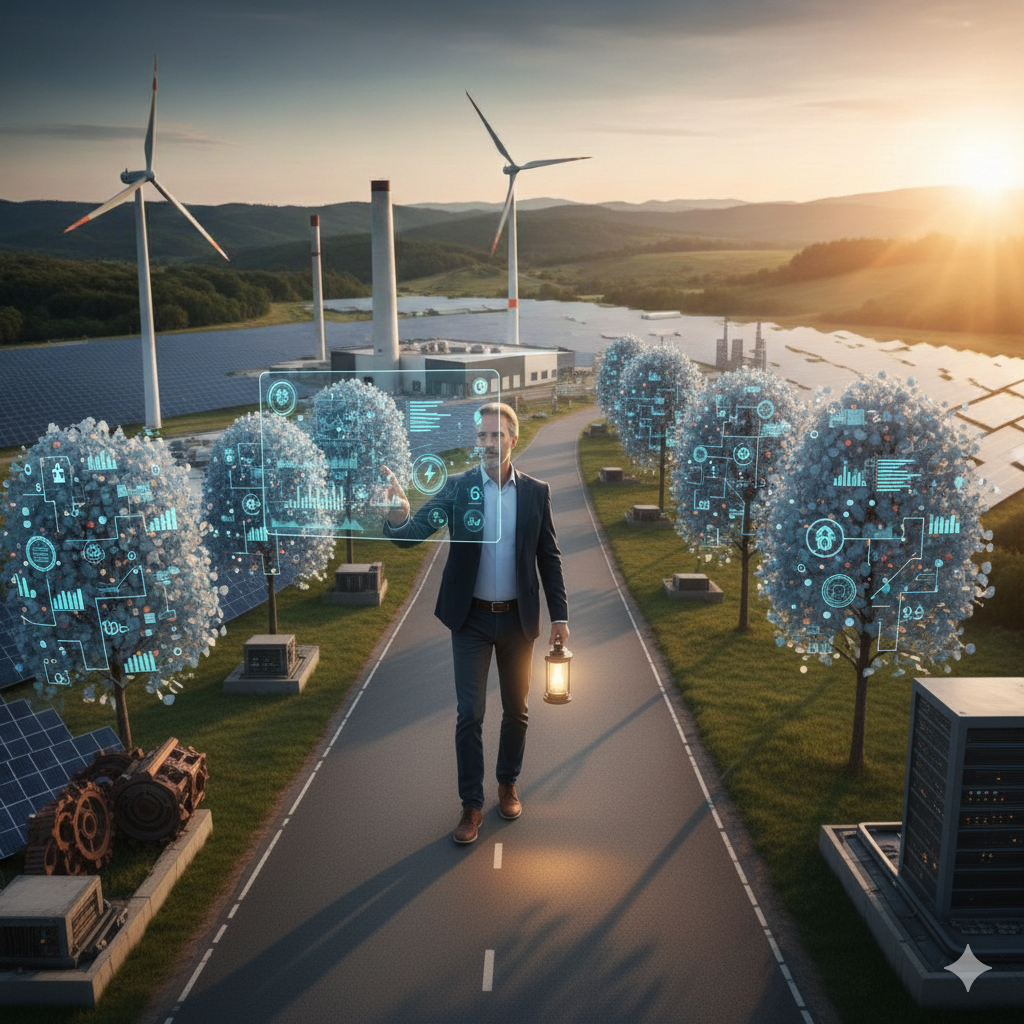 Un uomo elegante cammina con una lanterna su una strada alberata, dove gli alberi hanno fogliame luminoso a forma di circuiti e dati digitali, con turbine eoliche e pannelli solari sullo sfondo.