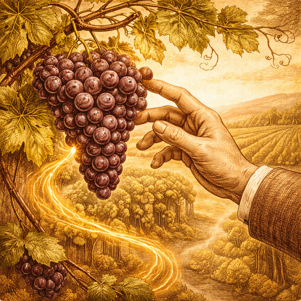 Illustrazione vintage di un grappolo d’uva maturo nel vigneto al tramonto, simbolo della vendemmia come raccolta dei risultati e frutto del lavoro svolto.