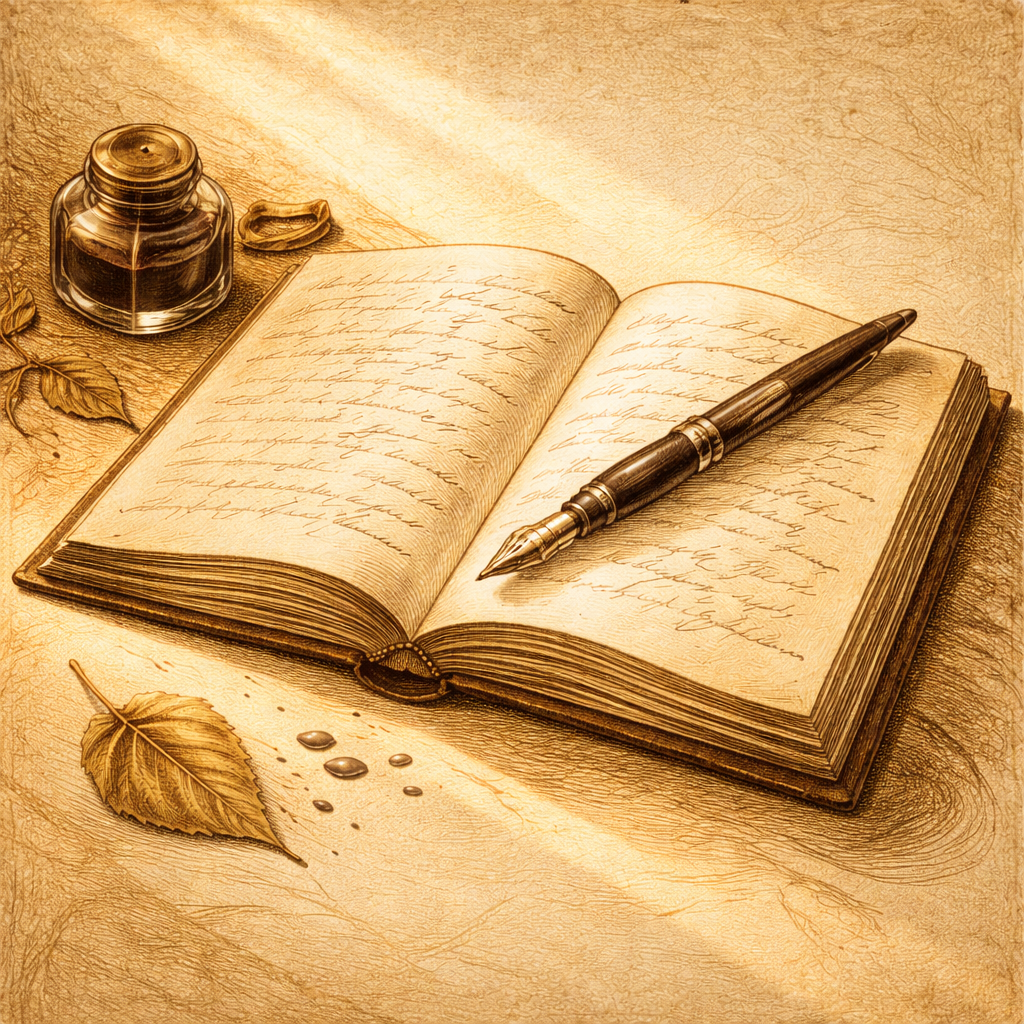 Illustrazione vintage di un quaderno aperto con penna stilografica su carta crema, simbolo di riflessione quotidiana e scrittura consapevole.