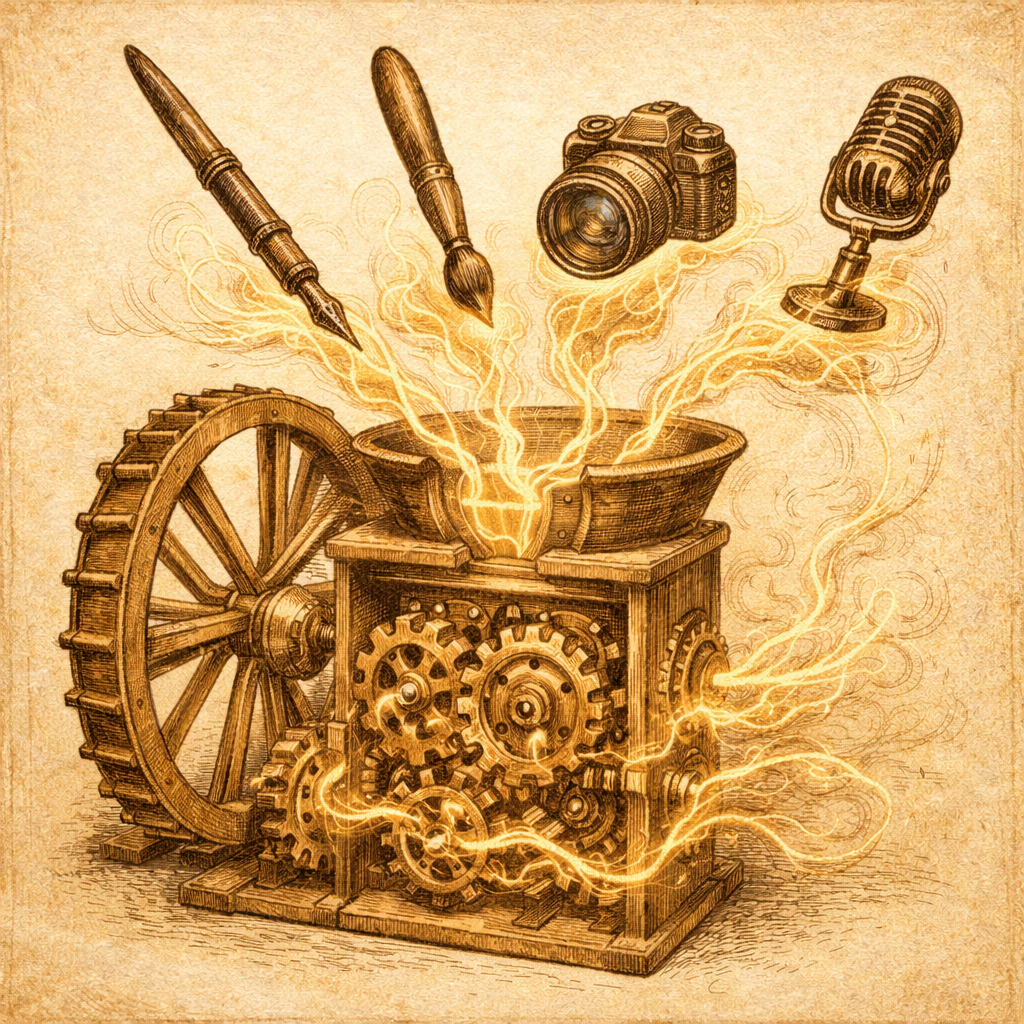 Illustrazione vintage di un mulino creativo con ingranaggi e simboli di scrittura, immagine, voce e video, metafora degli agenti AI che trasformano contenuti in modo autonomo.