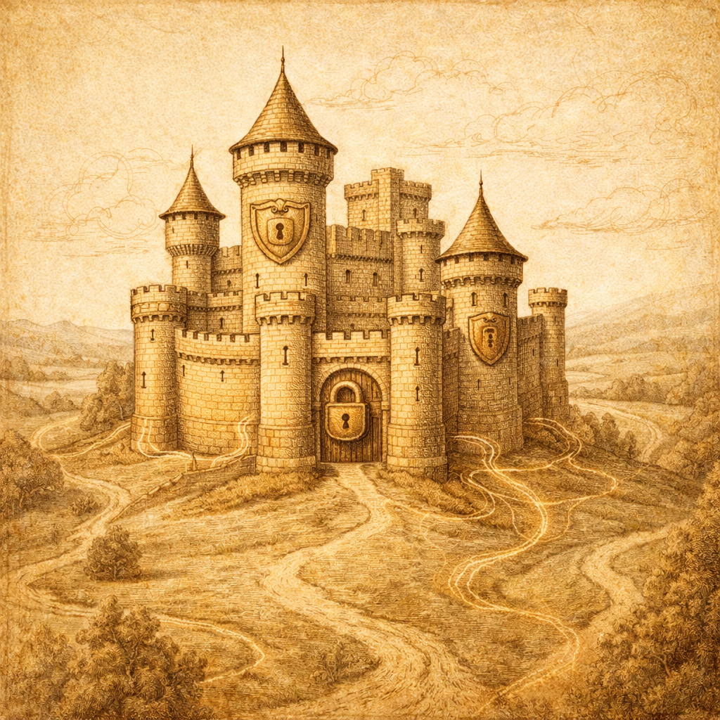Illustrazione vintage di una fortezza in pietra al centro di un territorio connesso, simbolo di sicurezza digitale, protezione dei dati e governance responsabile.