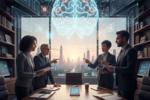 Un team di professionisti di diverse età e etnie discute in una sala riunioni moderna, con un'interfaccia olografica di un cervello luminoso e flussi di dati che sovrastano lo skyline di una città al tramonto, simboleggiando la comprensione dell'IA.