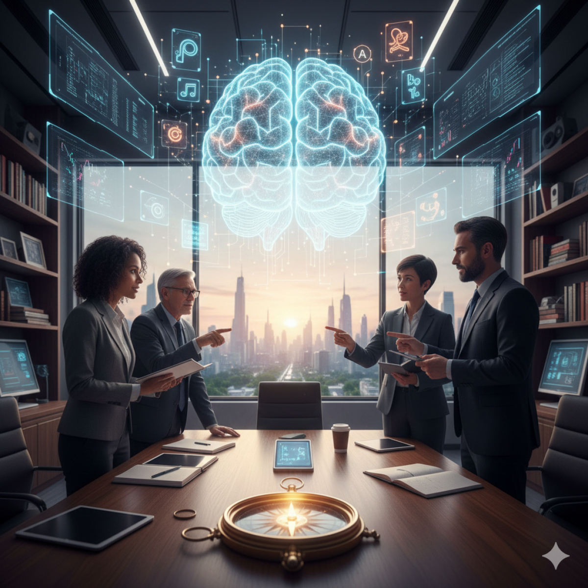 Un team di professionisti di diverse età e etnie discute in una sala riunioni moderna, con un'interfaccia olografica di un cervello luminoso e flussi di dati che sovrastano lo skyline di una città al tramonto, simboleggiando la comprensione dell'IA.