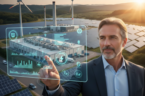 Un uomo d'affari interagisce con un'interfaccia olografica che mostra dati e grafici sulla gestione energetica, con uno sfondo di impianti fotovoltaici e turbine eoliche al tramonto.