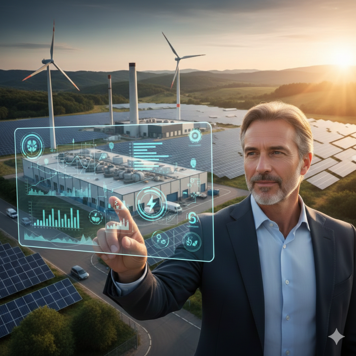 Un uomo d'affari interagisce con un'interfaccia olografica che mostra dati e grafici sulla gestione energetica, con uno sfondo di impianti fotovoltaici e turbine eoliche al tramonto.