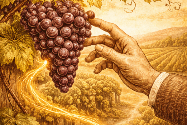 Illustrazione vintage di un grappolo d’uva maturo nel vigneto al tramonto, simbolo della vendemmia come raccolta dei risultati e frutto del lavoro svolto.