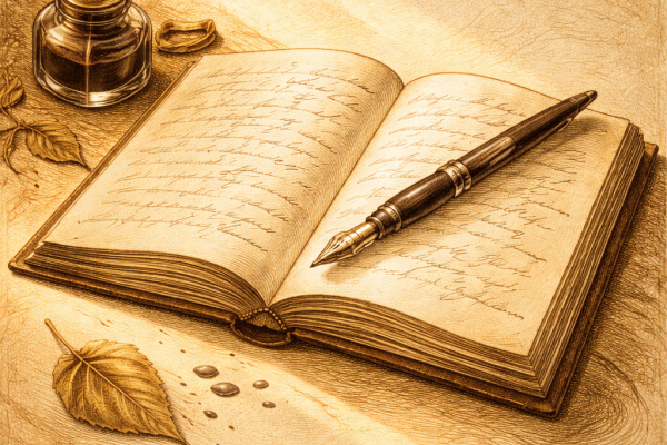 Illustrazione vintage di un quaderno aperto con penna stilografica su carta crema, simbolo di riflessione quotidiana e scrittura consapevole.