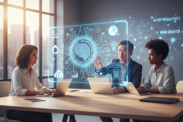 Tre professionisti multietnici seduti a un tavolo in un ufficio moderno, interagiscono con un'interfaccia olografica luminosa che mostra un cervello stilizzato e vari grafici di dati, rappresentando l'intelligenza artificiale per la produttività.