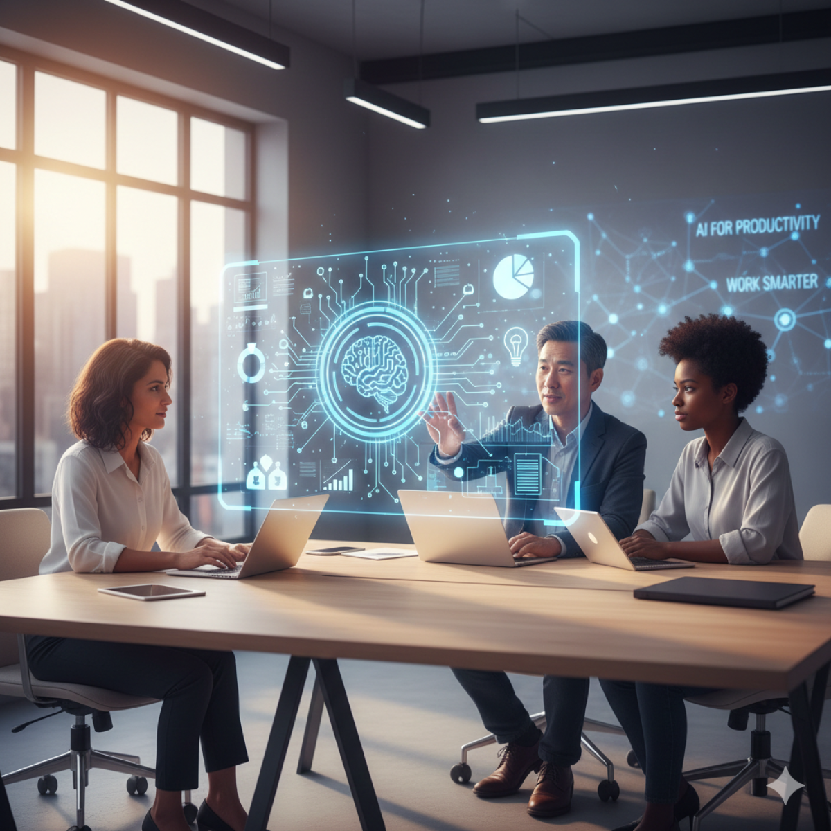 Tre professionisti multietnici seduti a un tavolo in un ufficio moderno, interagiscono con un'interfaccia olografica luminosa che mostra un cervello stilizzato e vari grafici di dati, rappresentando l'intelligenza artificiale per la produttività.