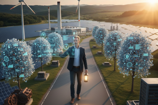 Un uomo elegante cammina con una lanterna su una strada alberata, dove gli alberi hanno fogliame luminoso a forma di circuiti e dati digitali, con turbine eoliche e pannelli solari sullo sfondo.