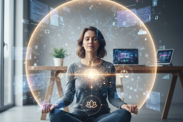 Una donna in meditazione al centro di un'aura luminosa di dati digitali e icone legate all'intelligenza artificiale, in un ambiente moderno.