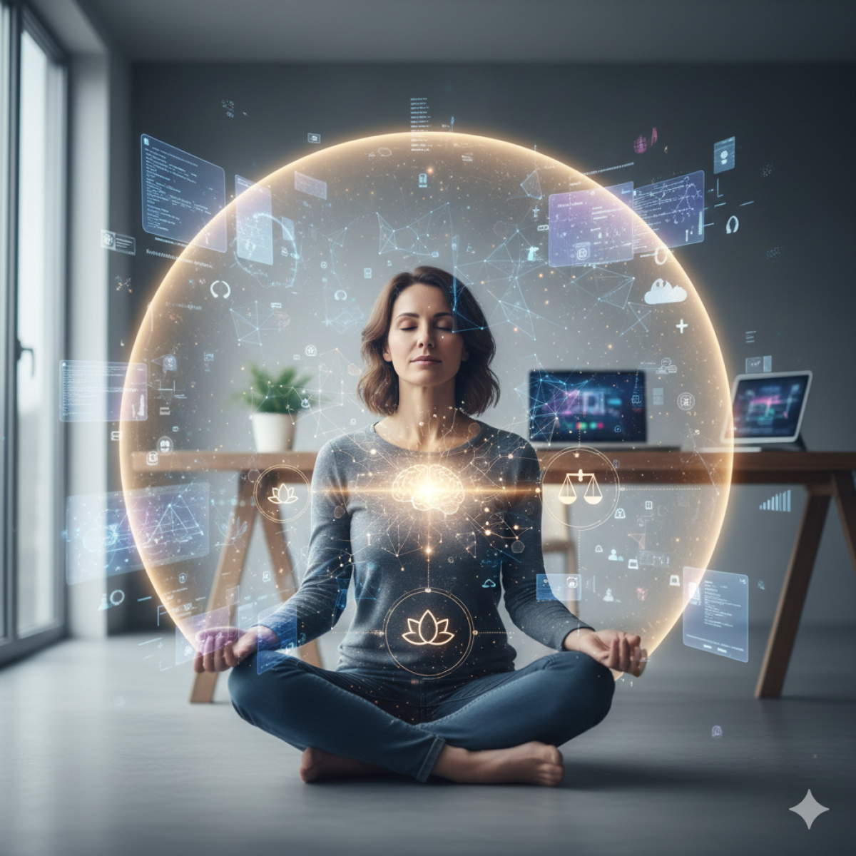 Una donna in meditazione al centro di un'aura luminosa di dati digitali e icone legate all'intelligenza artificiale, in un ambiente moderno.