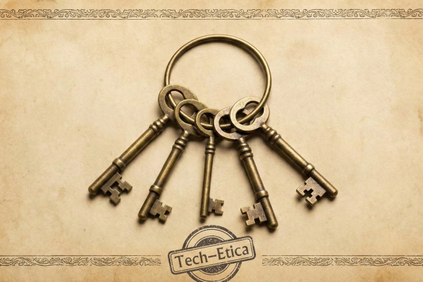 Illustrazione vintage di una mano con penna stilografica che genera una sfera luminosa di parole, simbolo della custodia e responsabilità nel linguaggio dell’AI.