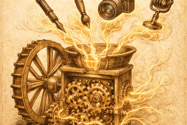 Illustrazione vintage di un mulino creativo con ingranaggi e simboli di scrittura, immagine, voce e video, metafora degli agenti AI che trasformano contenuti in modo autonomo.