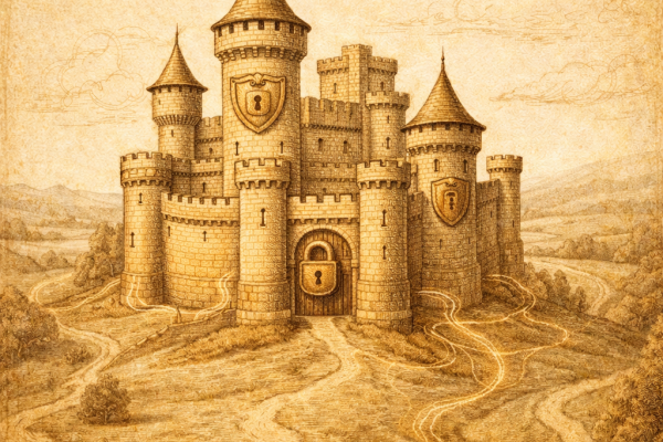Illustrazione vintage di una fortezza in pietra al centro di un territorio connesso, simbolo di sicurezza digitale, protezione dei dati e governance responsabile.