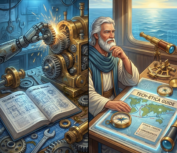 Rappresentazione concettuale del rapporto tra tecnologia, responsabilità e scelte umane